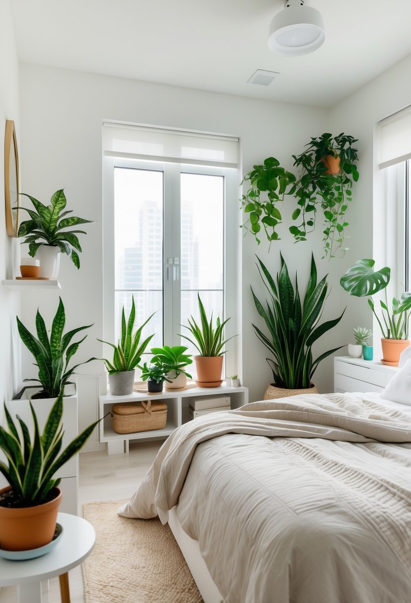 v2 15ofhz vw4vi A modern bedroom with a neatly made bed and several low-maintenance indoor plants placed around the room.