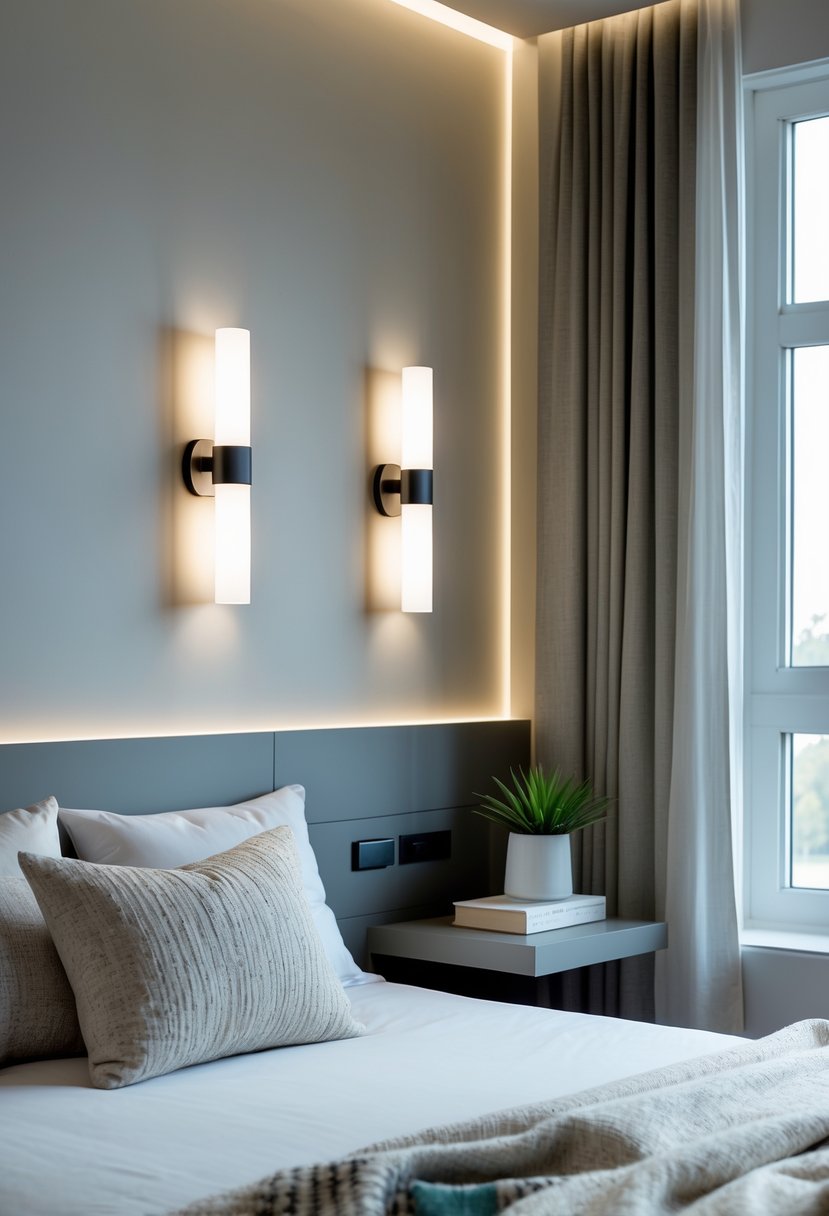 v2 15ofib yrziw A bedroom with wall-mounted lights on both sides of a bed and clear nightstands with a book and a small plant.