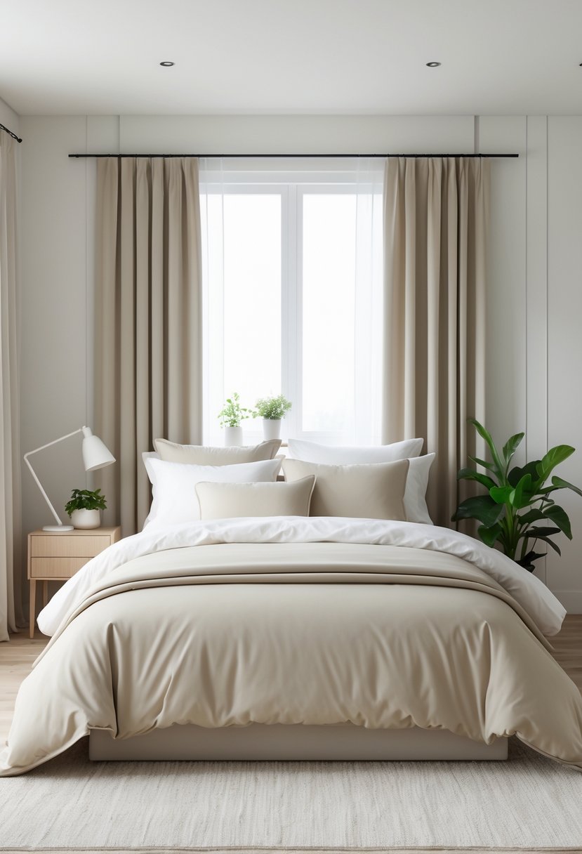 v2 15ofin doaar A neatly made bed with solid neutral bedding in a bright bedroom with natural light, a nightstand, and a plant.