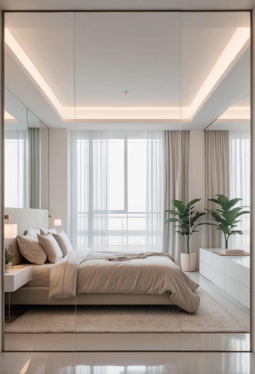 v2 15ofiz 061n5 A bedroom with a neatly made bed and large mirrors reflecting the room to make it look bigger.