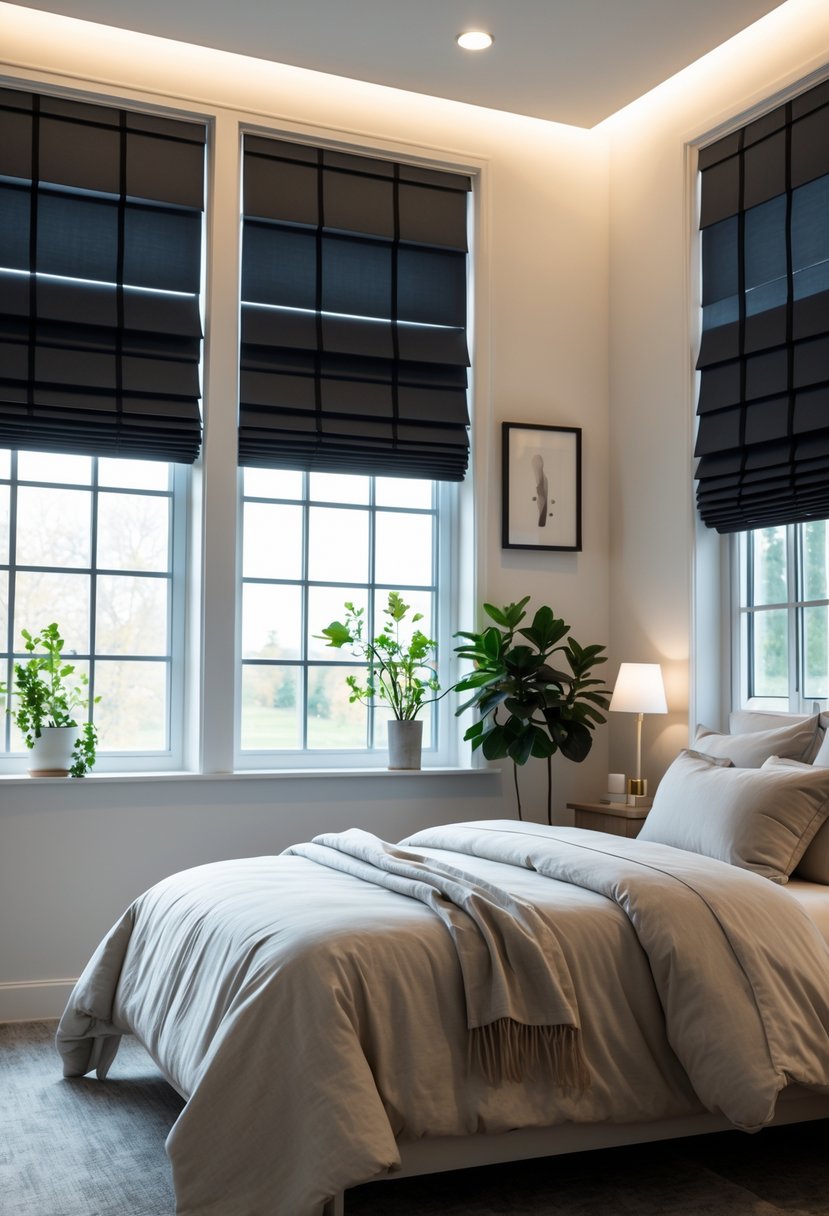 v2 15ofjc 6f4ca A modern bedroom with blackout blinds covering the windows, a neatly made bed, and a calm, cozy atmosphere.