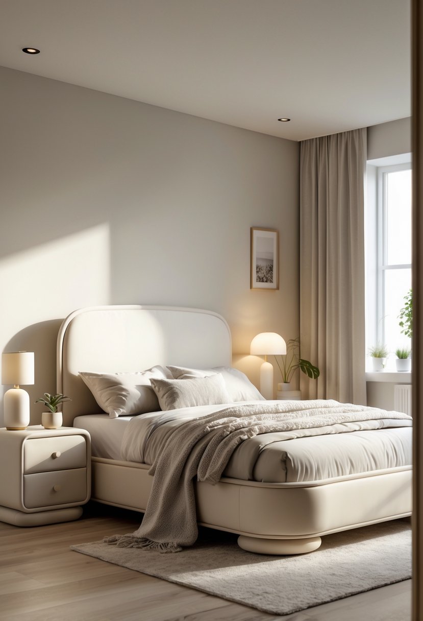 v2 15ofjp yv85k A bedroom with furniture that has rounded edges, including a bed, bedside table, and dresser, with natural light and simple decor.