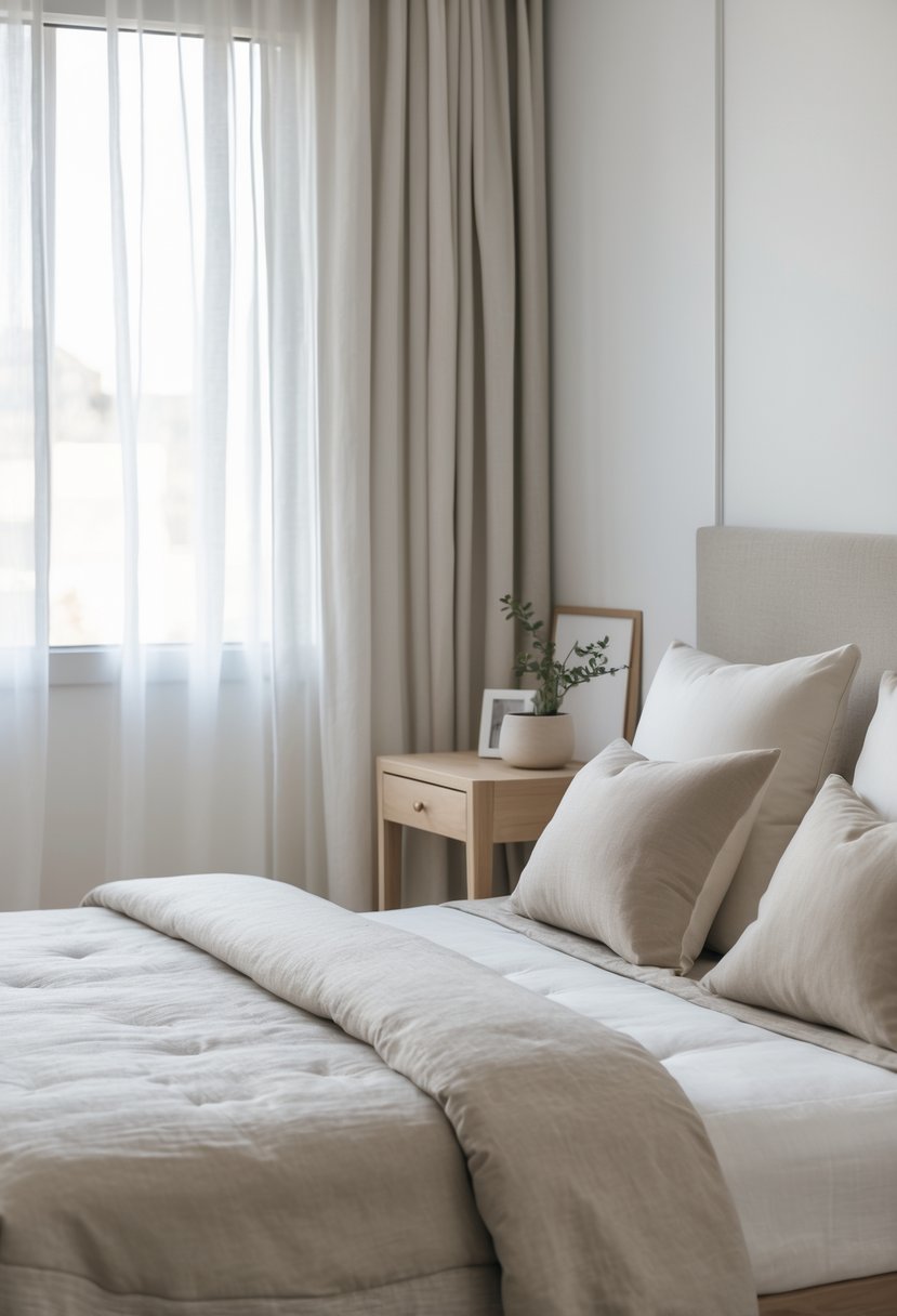 v2 15ofk2 A simple bedroom with a neatly made bed, a small nightstand holding a single decorative item, and natural light coming through a window.