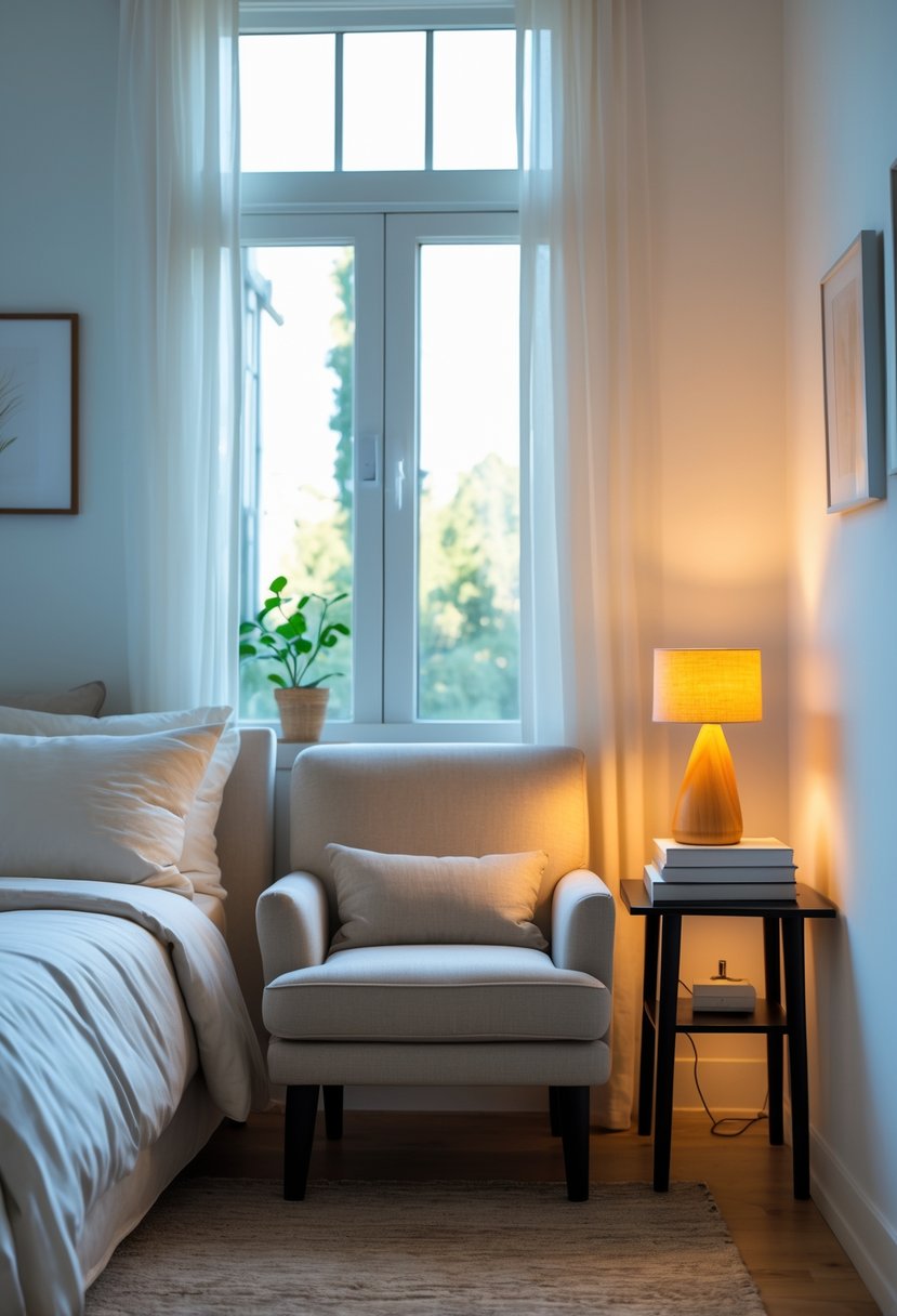 v2 15ofke 7neki A small armchair next to a side table with books and a lamp in a bedroom with a bed and decor.