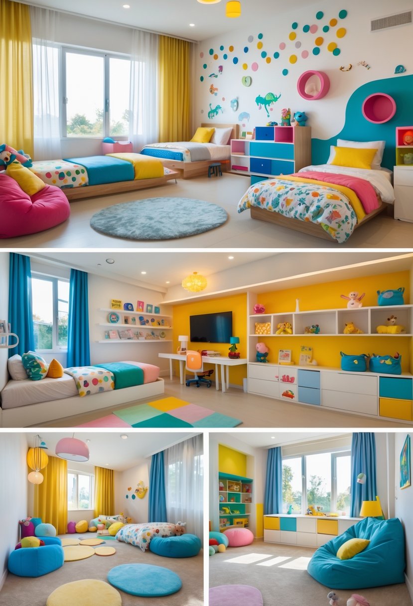A bright and spacious kids' bedroom with colorful beds, playful decorations, storage shelves, study desks, and cozy reading areas filled with natural light.