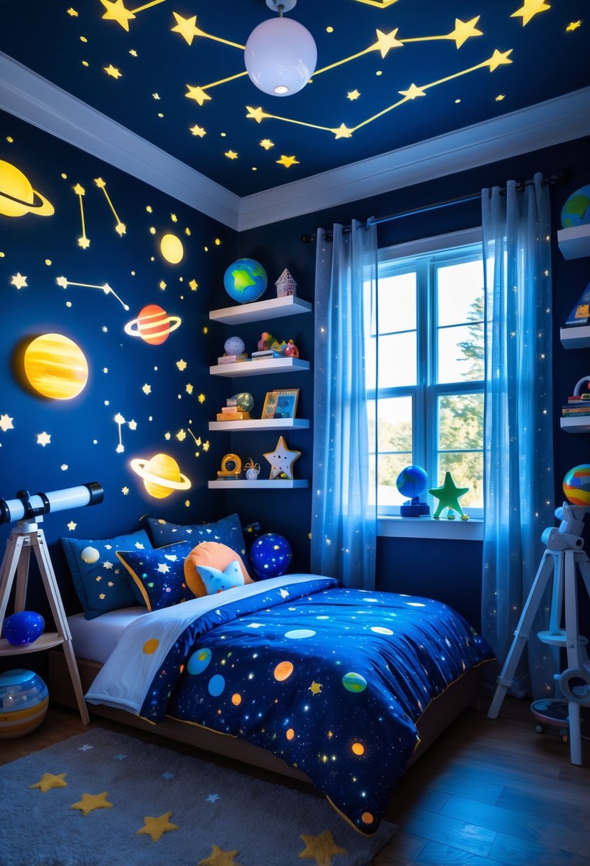 A children's bedroom decorated with glow-in-the-dark constellations, space-themed bedding, and star-shaped lights, featuring a telescope and colorful space decorations.