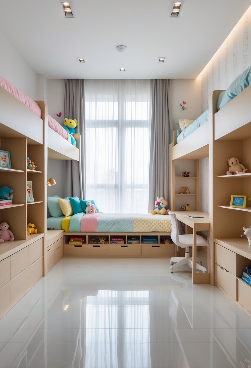Children's bedroom with built-in storage bunk beds, toys, and a study desk in a bright, organized space.