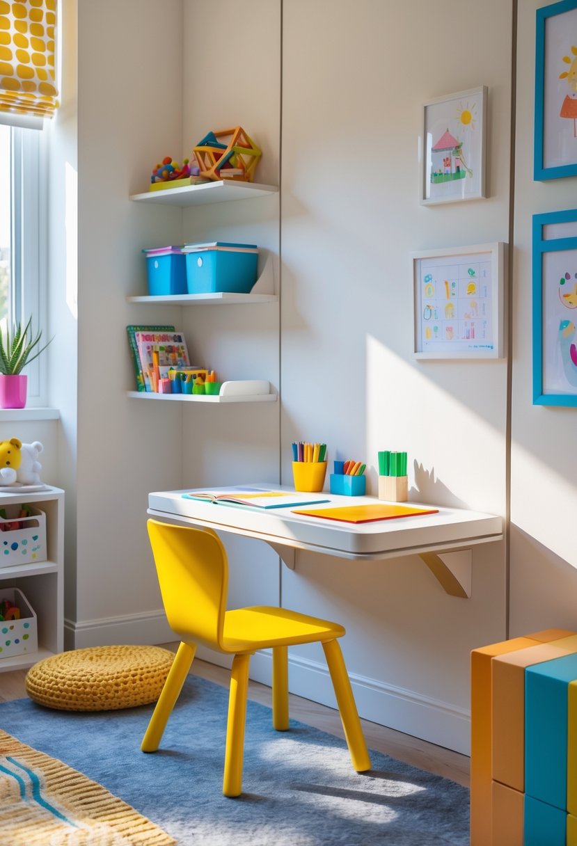 A child's bedroom with a wall-mounted desk holding art supplies and books, a chair, shelves with toys, and children's drawings on the wall.