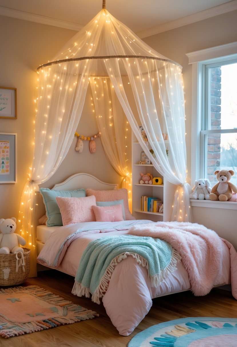 A children's bedroom with a canopy bed decorated with soft fairy lights, plush pillows, and toys around.