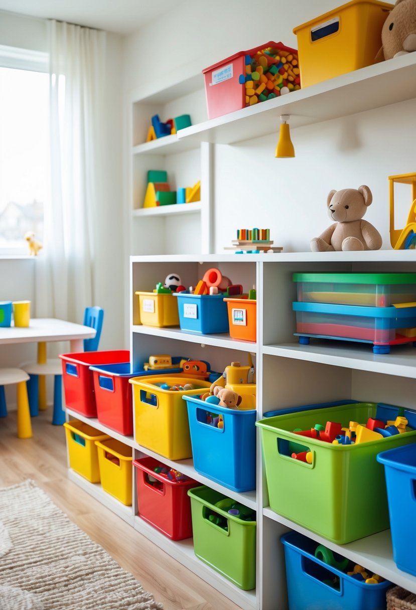 A children's bedroom with colorful toy bins neatly organized on shelves and child-friendly furniture.