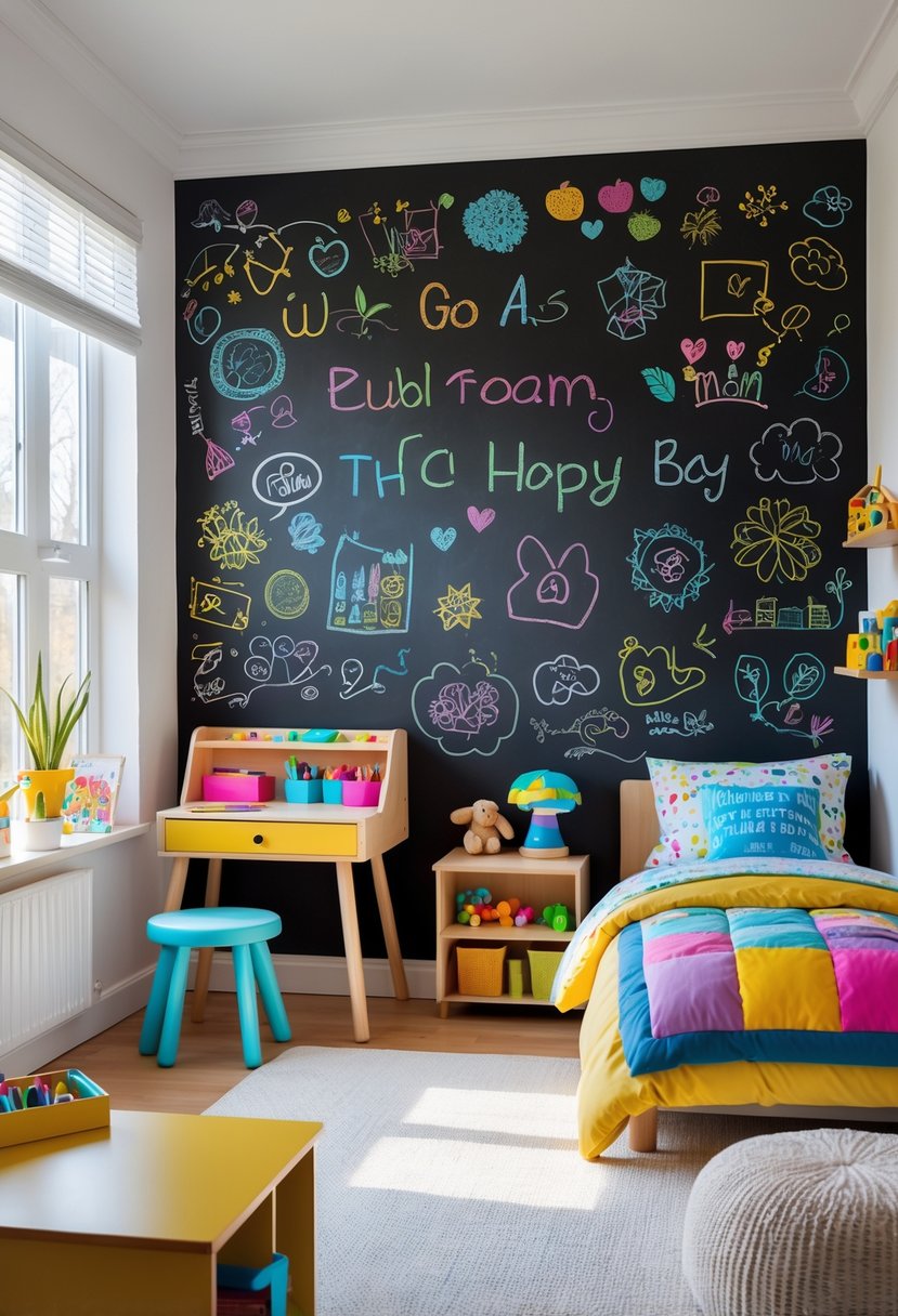 Children's bedroom with a large chalkboard wall covered in colorful drawings, a bed, desk with art supplies, toys, and natural light coming through a window.