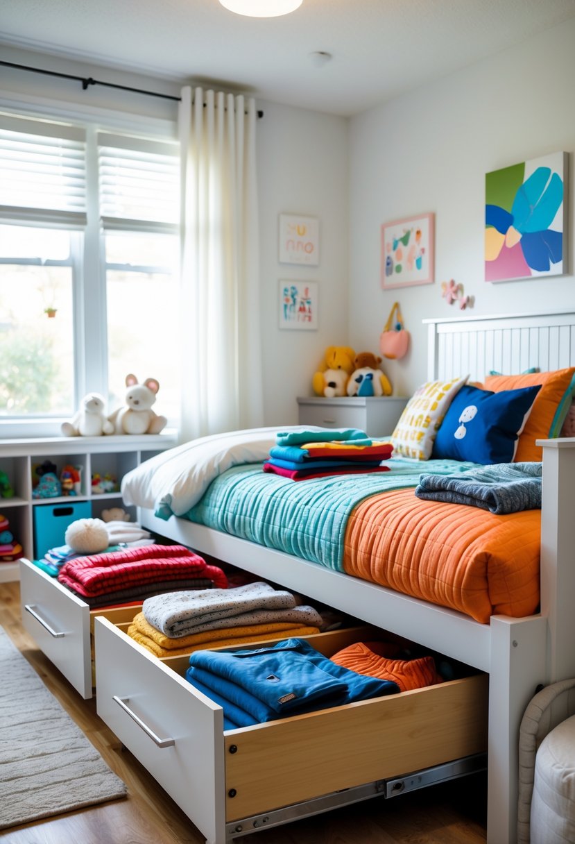 A children's bedroom with under-bed drawers open, showing folded seasonal clothes inside.