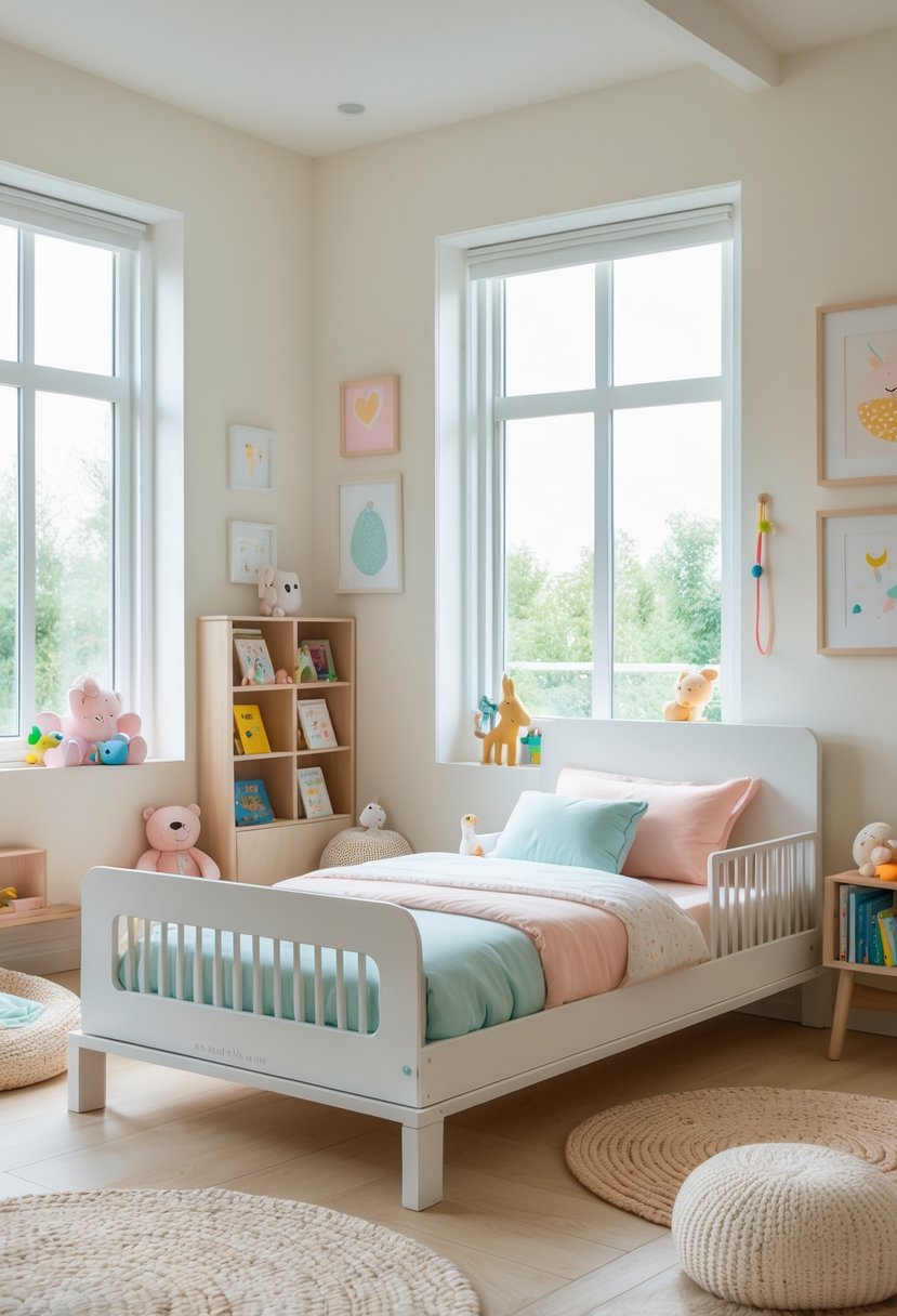 A children's bedroom with a convertible crib turned toddler bed, soft bedding, toys, and natural light.