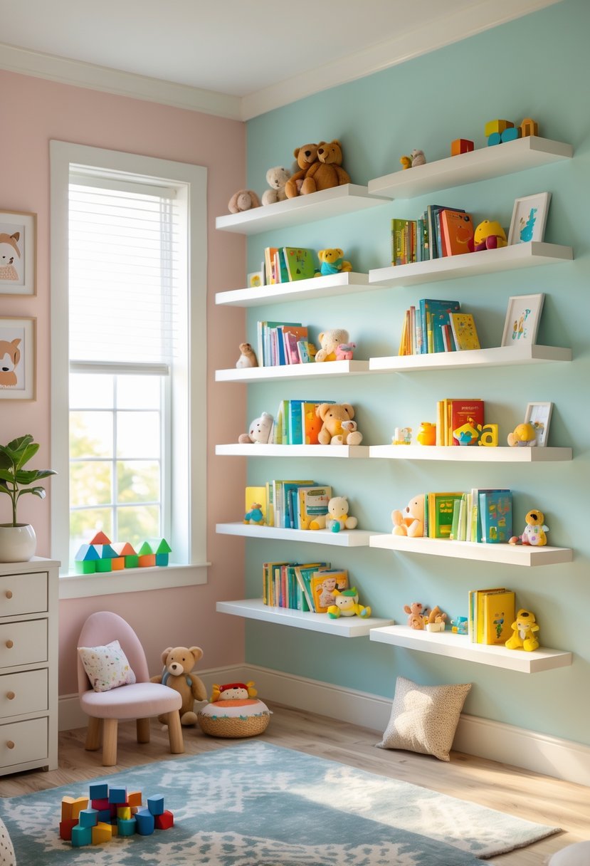 A kids bedroom with floating shelves displaying books and toys, a cushioned chair, and a rug on the floor.