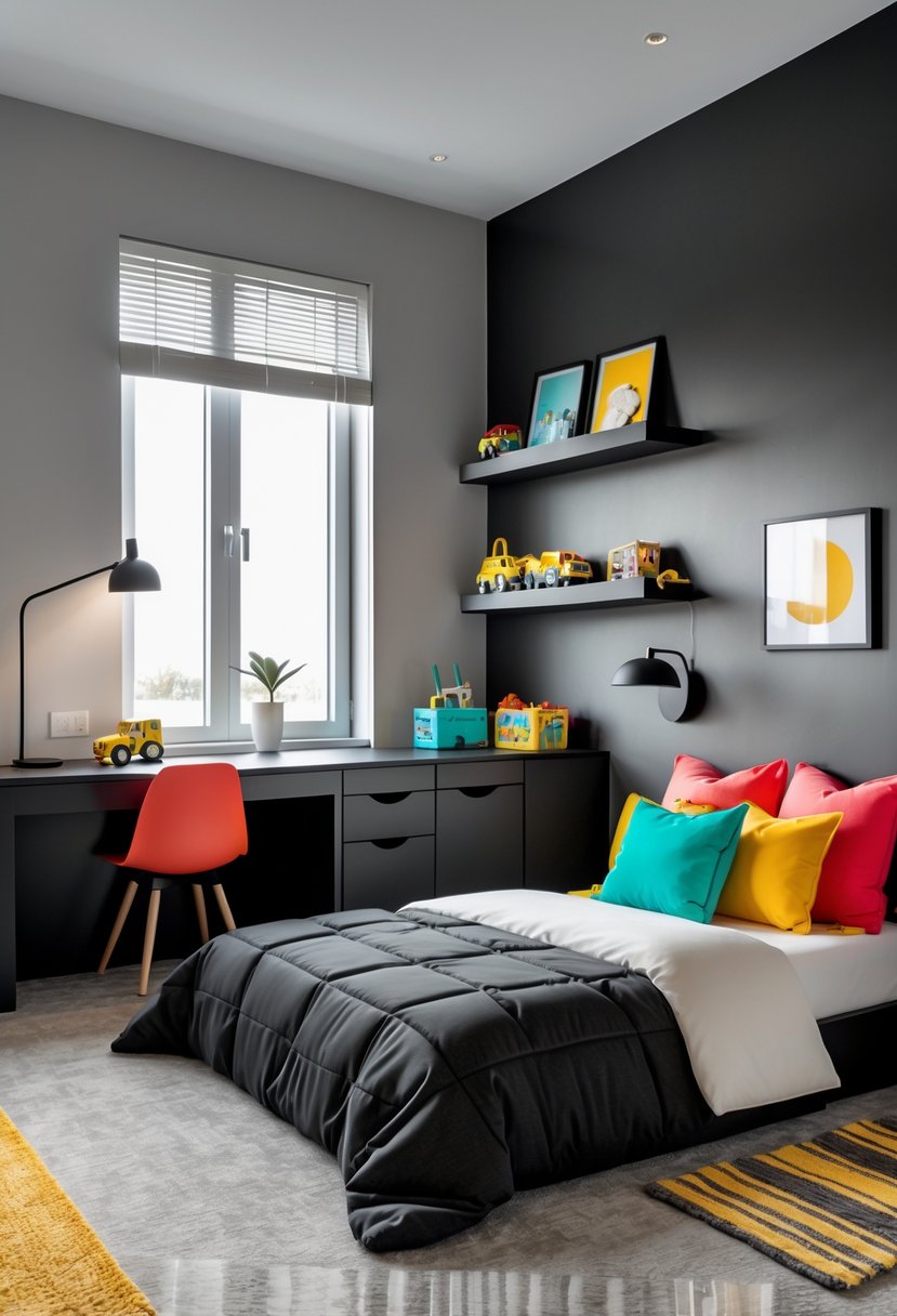 A kids' bedroom with a bed, bright colorful pillows, a desk, shelves with toys and books, and a window letting in natural light.