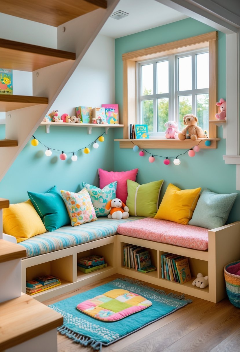 A cozy under-stair playhouse and reading nook with cushions, books, and toys arranged neatly for children.
