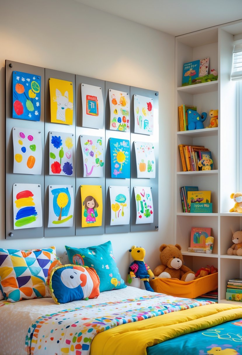A children's bedroom with a magnetic wall panel displaying colorful artwork and drawings, a bed with vibrant bedding, and playful decor.