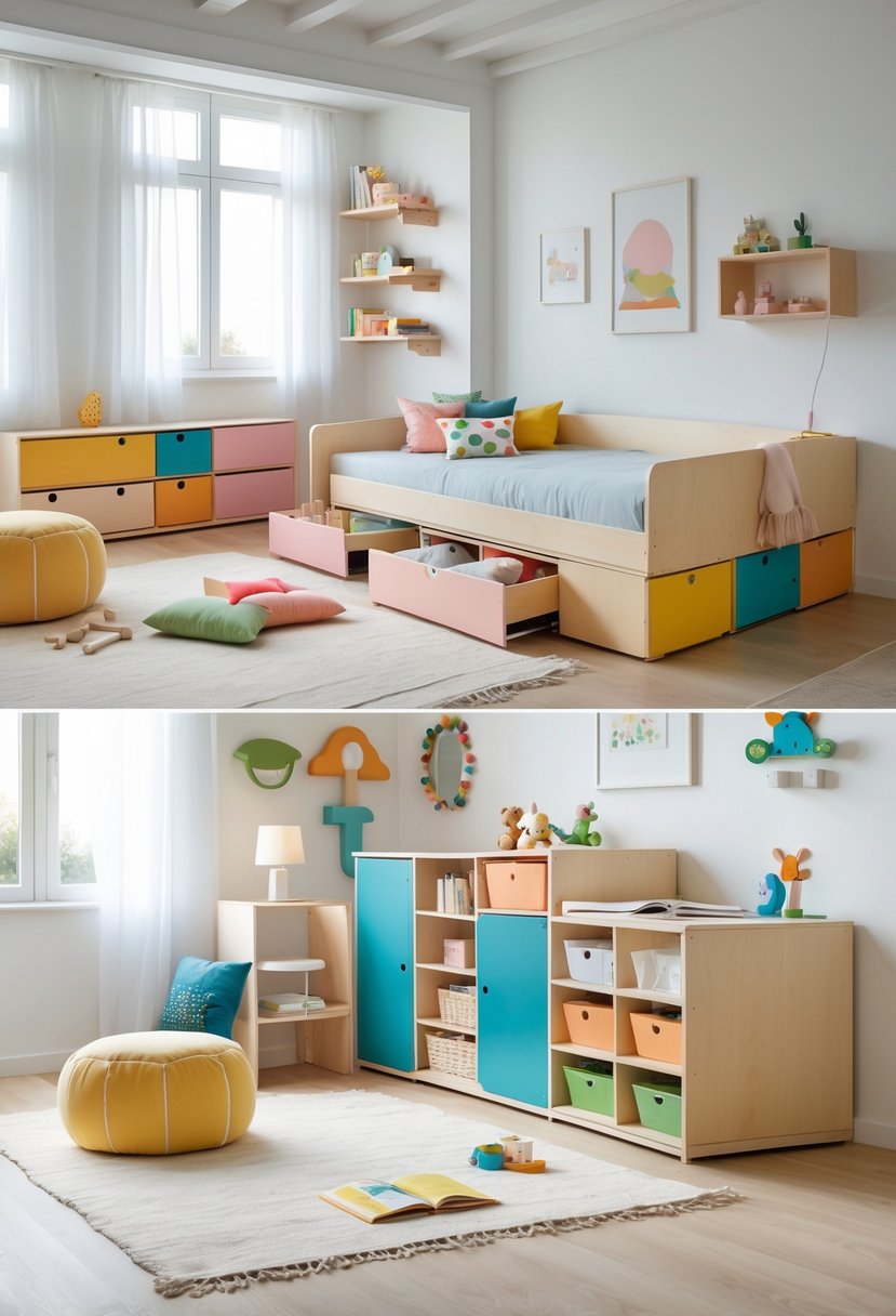 A children's bedroom with adjustable modular furniture, storage units, a small desk, and playful decor in a bright, organized space.