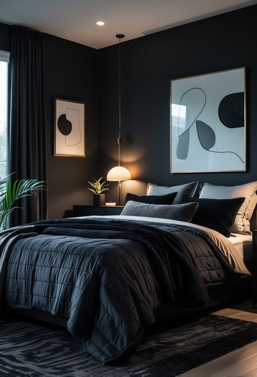 A dark-themed bedroom with a large bed, soft lighting, minimalist furniture, and decorative elements creating a cozy atmosphere.