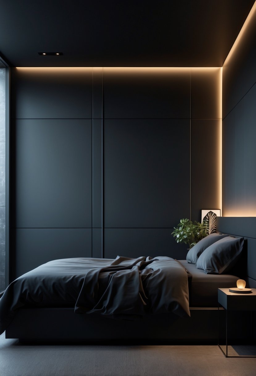 A bedroom with dark walls, a bed, and soft lighting creating a cozy atmosphere.