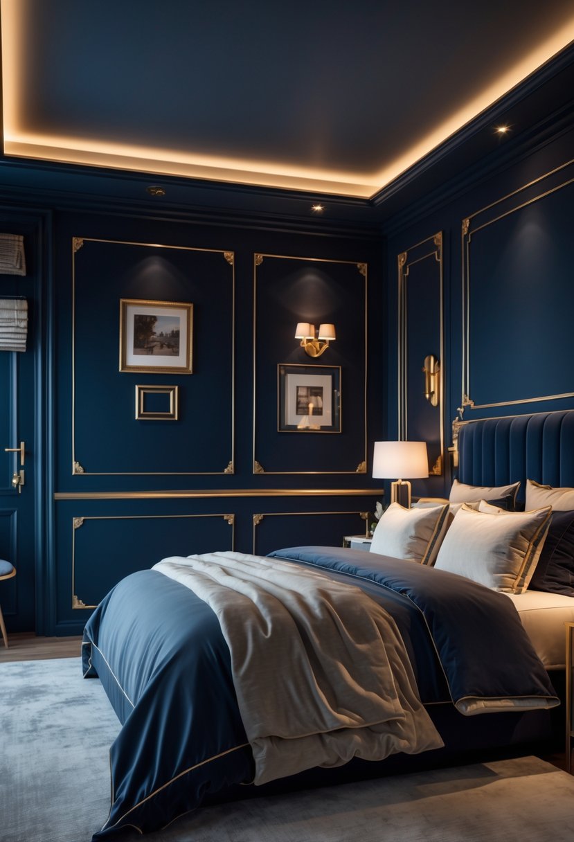 A bedroom with deep navy blue walls and gold accents, featuring a large bed and warm lighting.