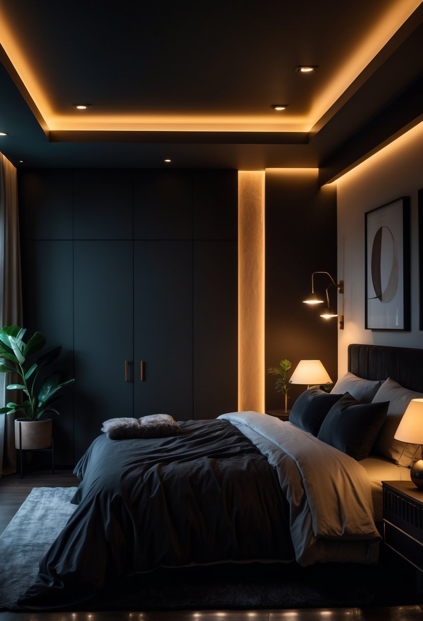 A dark bedroom with warm layered lighting from bedside lamps and ceiling lights, featuring a large bed and cozy decor.