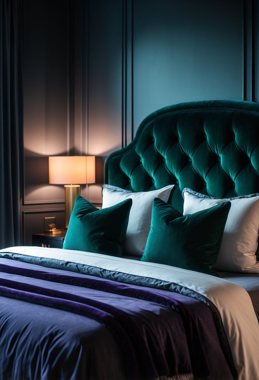 A bedroom with a velvet upholstered headboard in dark jewel tones, a neatly made bed, and soft ambient lighting.