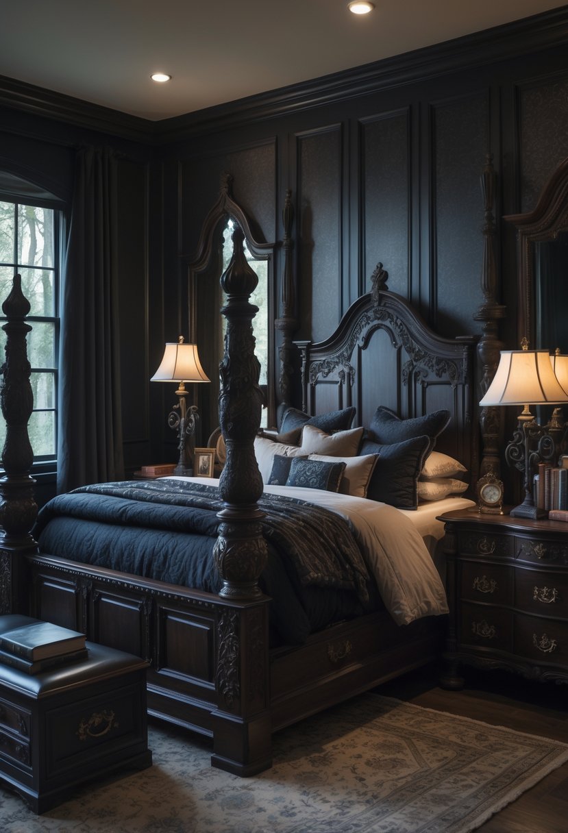A dark bedroom with a large carved wooden bed, matching bedside tables with lamps, dark drapes on the window, and a wooden dresser with a mirror.