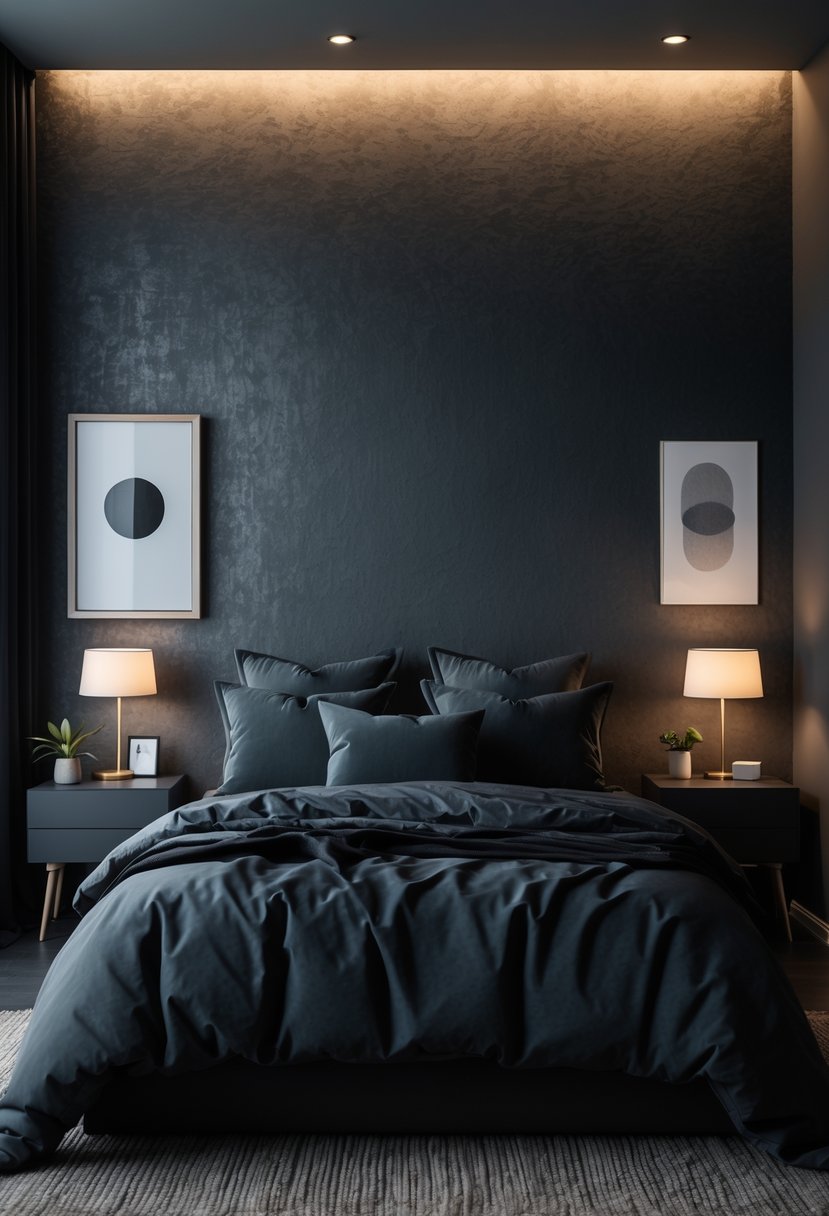 A dark bedroom with charcoal gray textured wallpaper, a neatly made bed, nightstands with lamps, and soft ambient lighting.