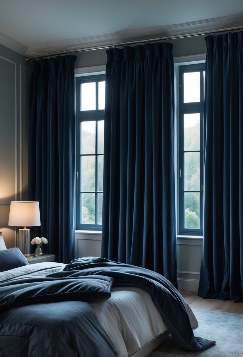 A bedroom with dark blackout curtains covering large windows, a neatly made bed, and soft lighting creating a cozy atmosphere.