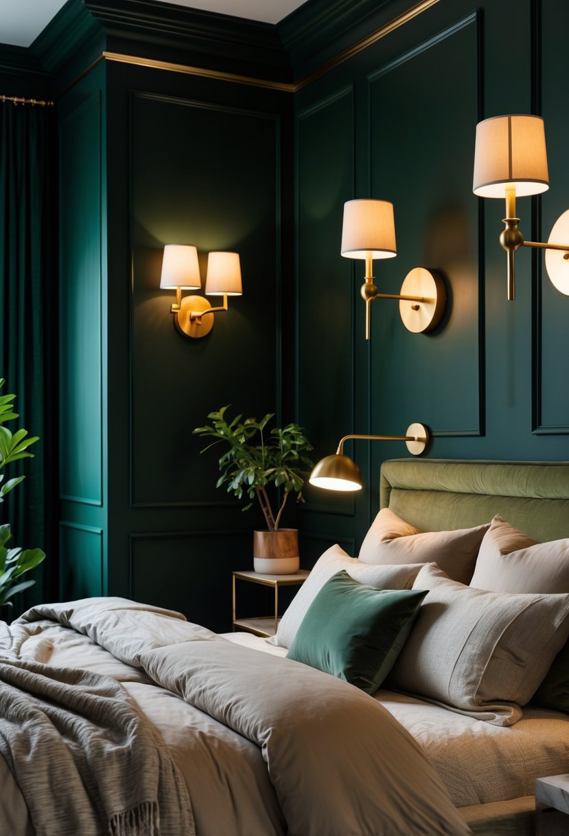A bedroom with dark green walls, a bed with neutral bedding, and brass light fixtures illuminating the room.