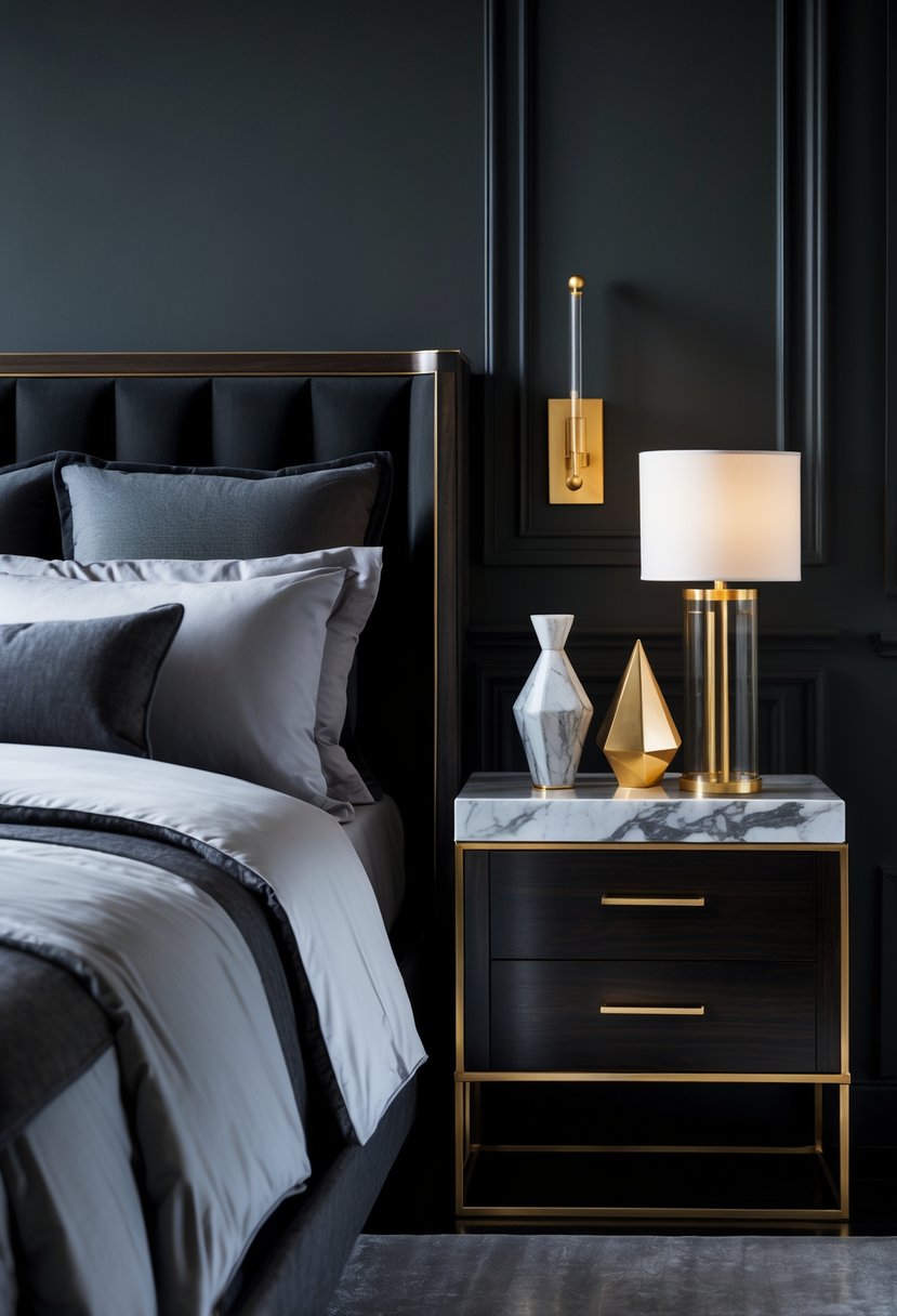 A dark bedroom with a bed, nightstand featuring white marble and gold decorative items, and soft lighting.