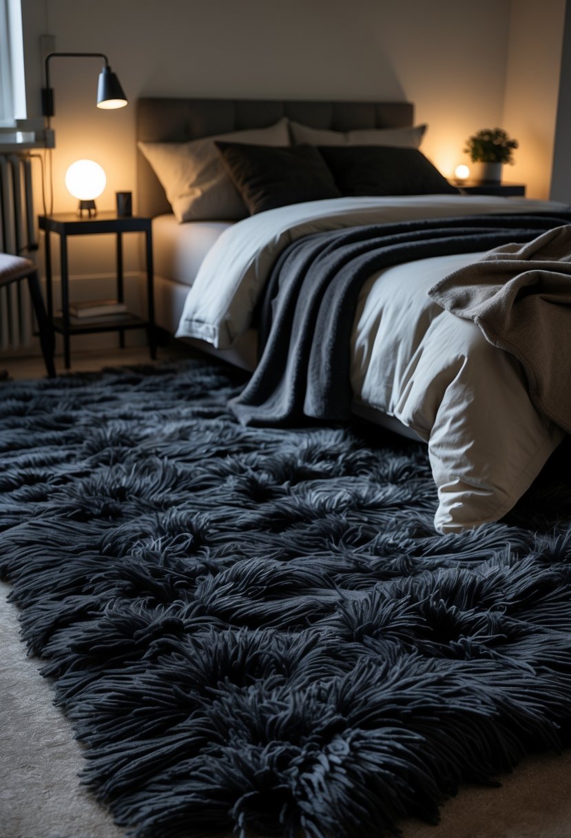 A cozy bedroom with a bed and dark plush rugs on the floor under warm lighting.