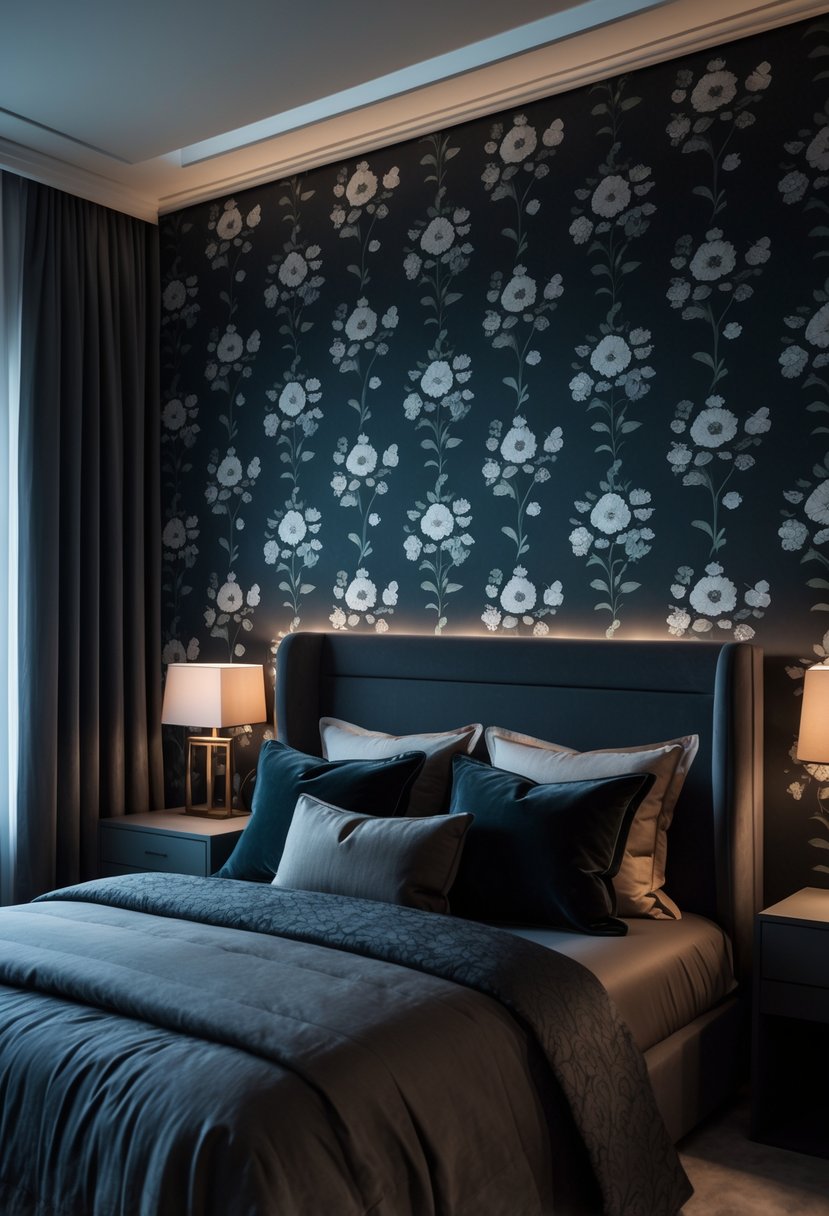 A bedroom with a bed against a dark floral patterned wall, featuring soft lighting and cozy bedding.