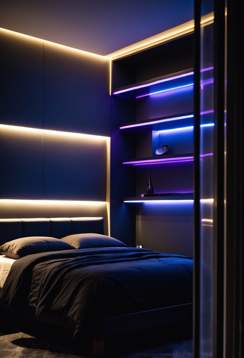 A dark bedroom with ambient LED strip lighting behind furniture, including a headboard and shelves, creating a soft colorful glow.