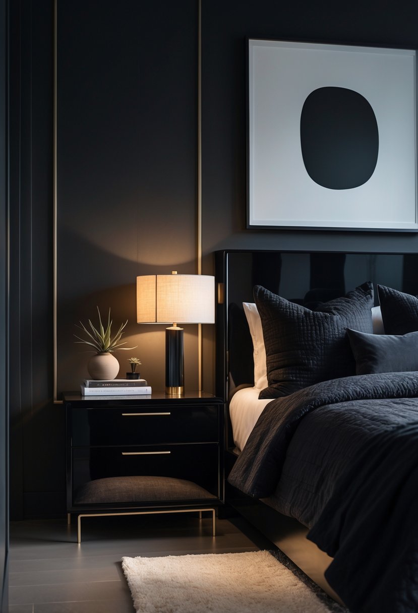 A bedroom with black lacquer bedside tables next to a bed, featuring a lamp, books, and a plant, with dark walls and soft lighting.