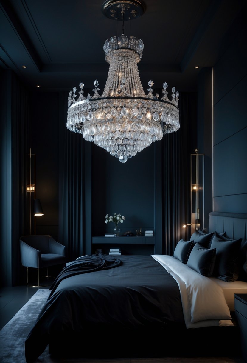 A dark bedroom with a large bed and a crystal chandelier hanging from the ceiling.