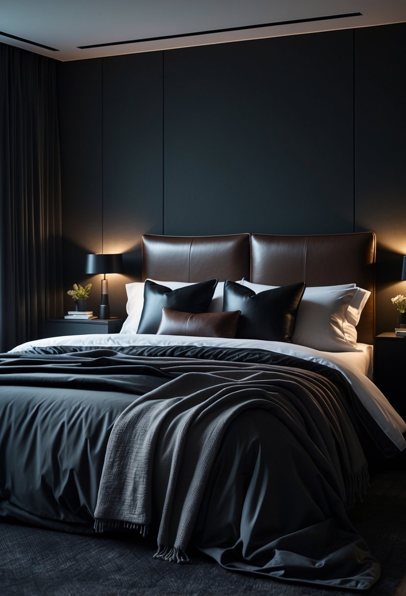 A dark bedroom with a large bed featuring a leather headboard and matching pillows, dim ambient lighting, and minimalistic bedside tables.