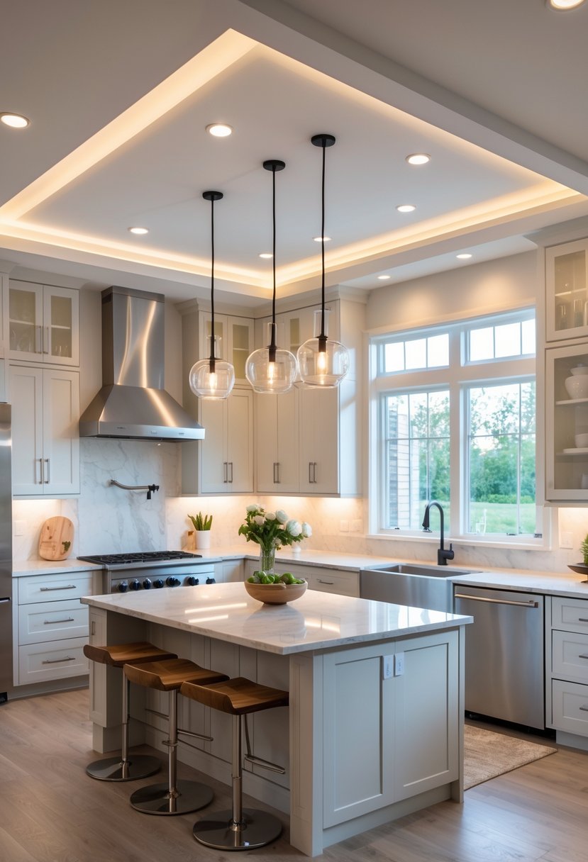 Modern kitchen interior with various lighting fixtures including pendant lights, recessed ceiling lights, under-cabinet LEDs, a chandelier, and wall sconces illuminating the space.