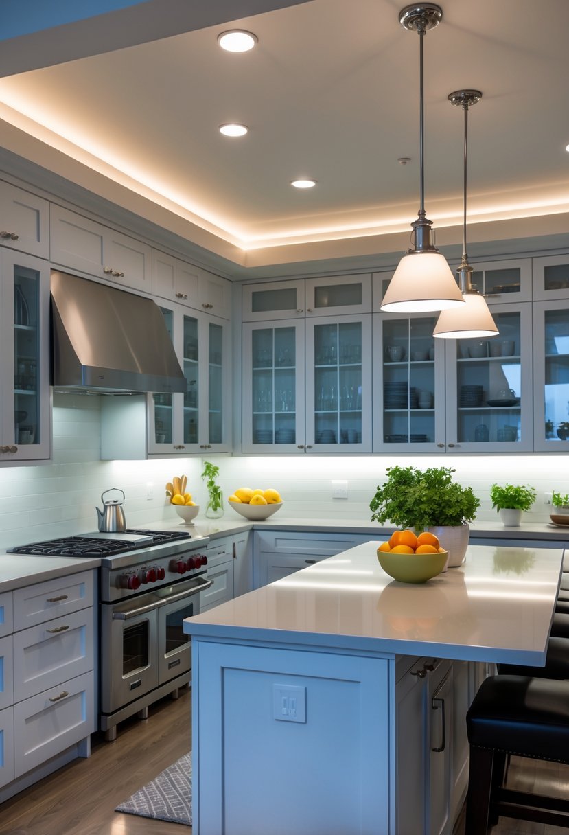 A modern kitchen with layered lighting including ceiling lights, under-cabinet lights, and pendant lights over a kitchen island.
