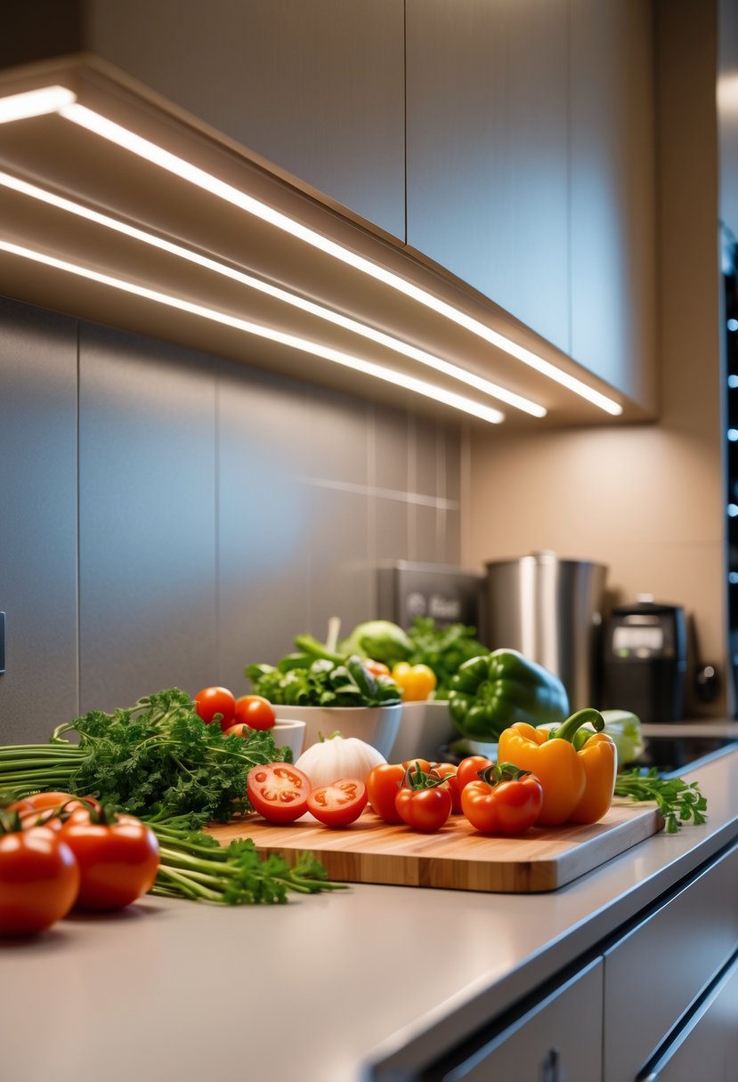 A kitchen countertop with fresh vegetables being prepared under warm LED strip lighting installed beneath cabinets.
