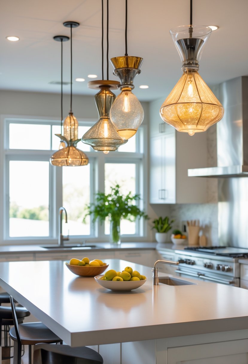 A modern kitchen with several pendant lights hanging above a kitchen island, featuring a clean countertop and bar stools.