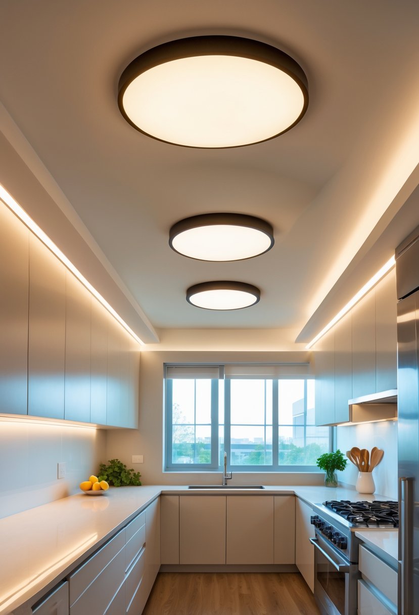 A modern kitchen with low ceilings illuminated by flush mount ceiling lights, featuring cabinetry, countertop, and appliances.
