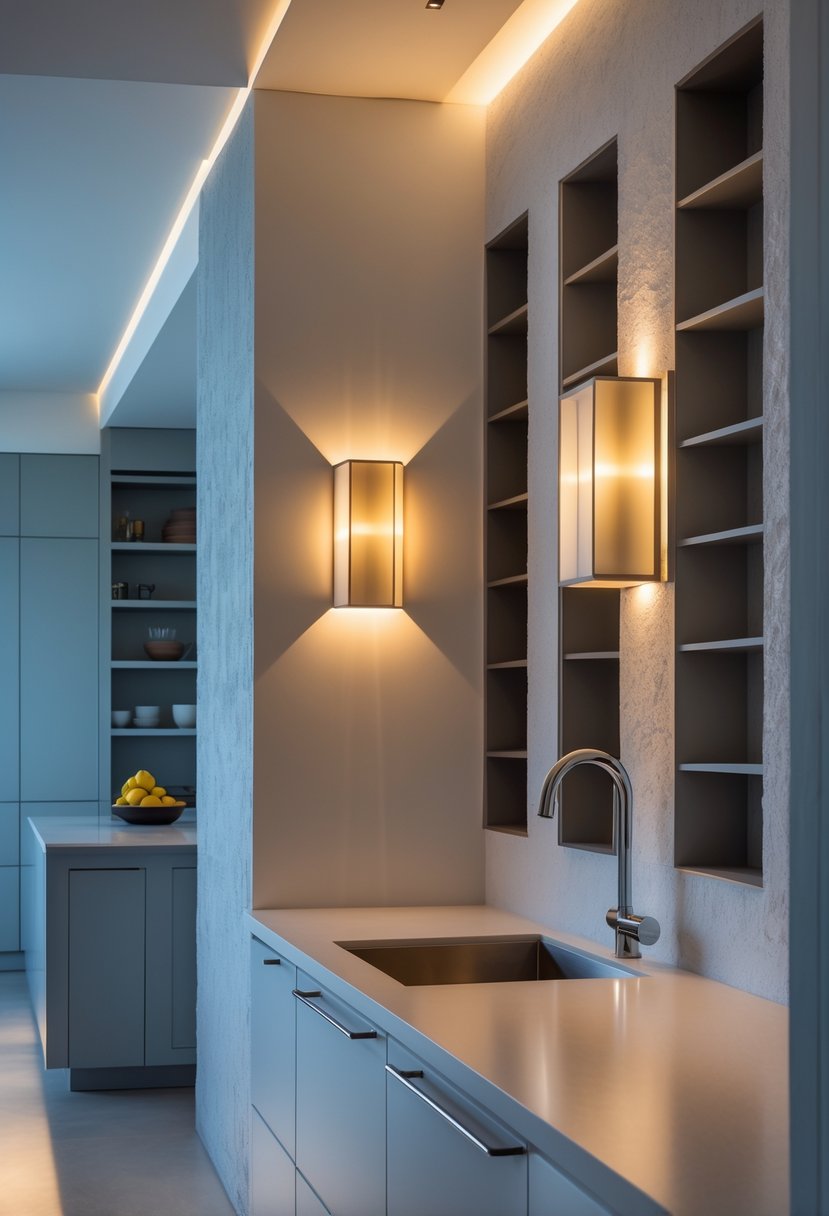 A modern kitchen with wall sconces illuminating architectural features like textured walls and built-in shelves.