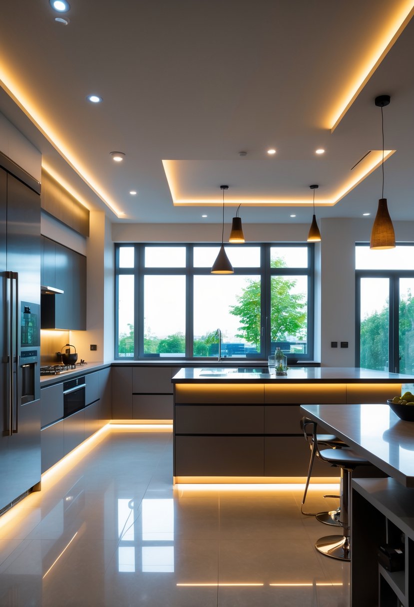 A modern kitchen with adjustable smart lighting illuminating countertops, an island, and appliances.