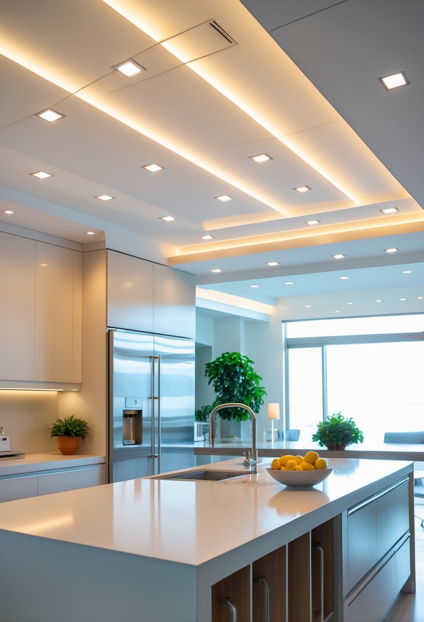 A bright kitchen with recessed ceiling lights, a large island, and modern appliances.