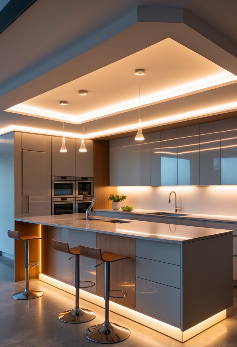 A modern kitchen with adjustable lighting that changes between warm and cool white tones, featuring a central island, bar stools, and stainless steel appliances.