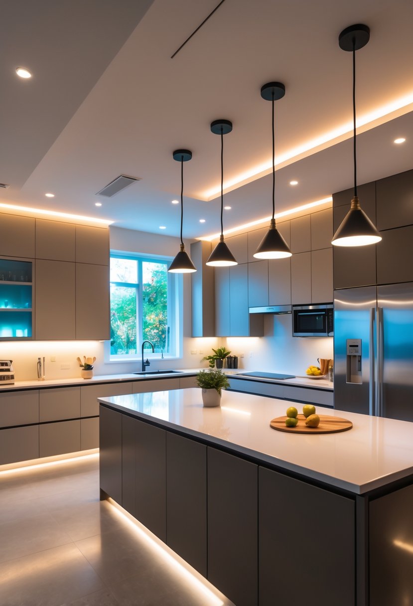 A modern kitchen with various dimmable lights including pendant, under-cabinet, and recessed ceiling lights creating different lighting effects.