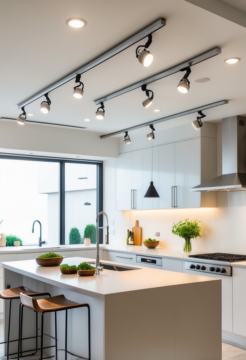 A modern kitchen with track lighting featuring adjustable heads illuminating the countertops and island.
