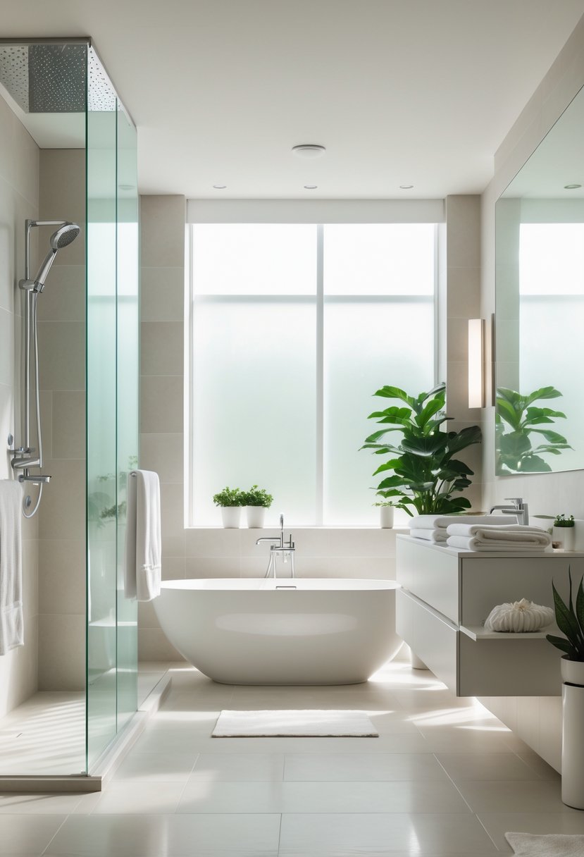 v2 15qtwb nmco4 A bright bathroom with a glass shower, double sinks, a large mirror, and a freestanding bathtub with plants and towels.